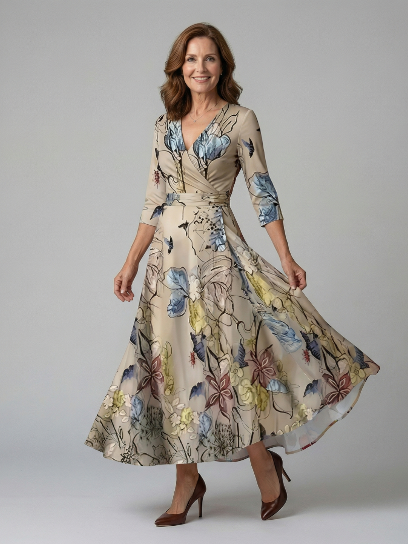 Women's Floral Wrap Midi Dress with Three Quarter Sleeves