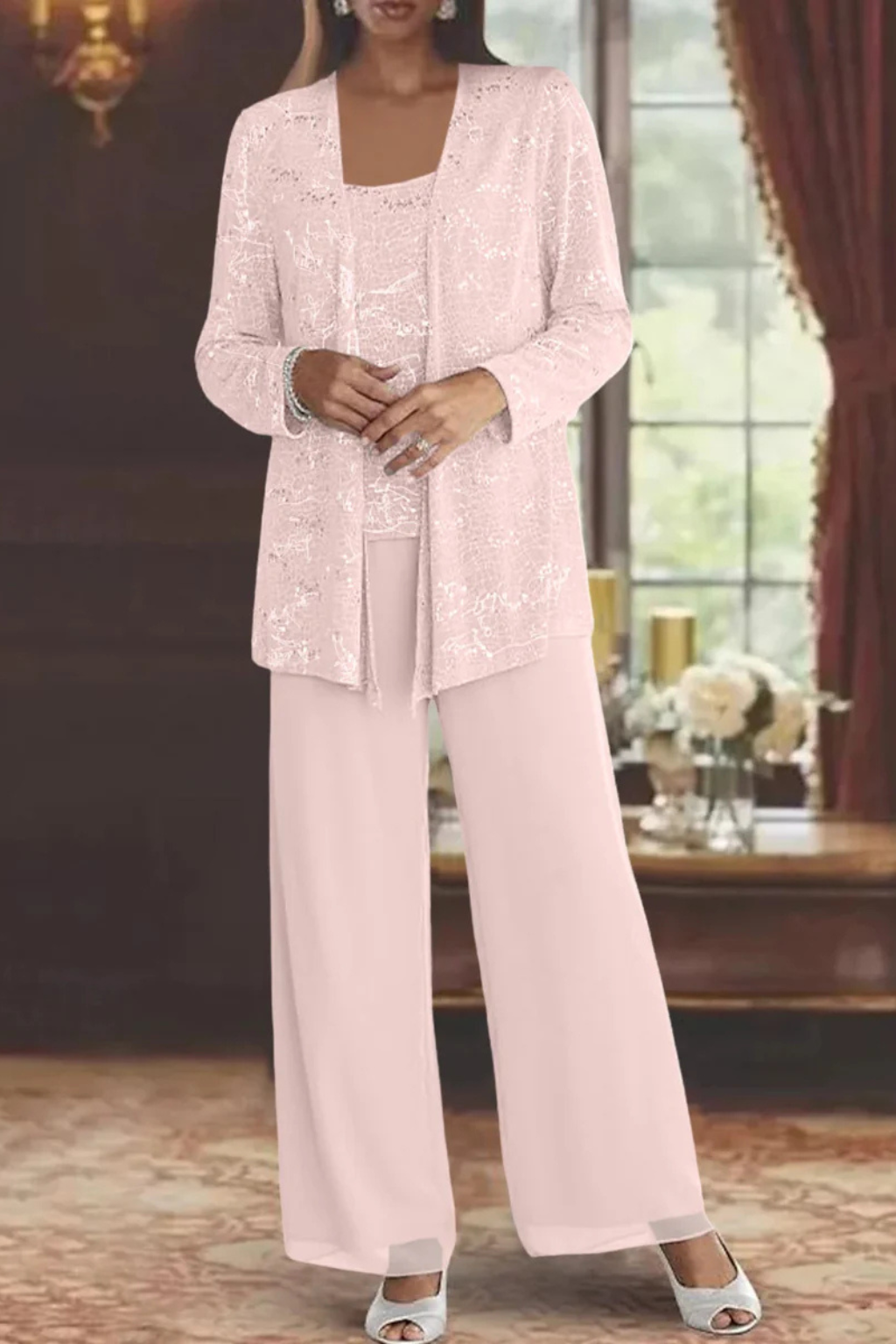 Women's Sequin Lace Three Piece Trouser Suit - Wide Leg Wedding Guest Outfit