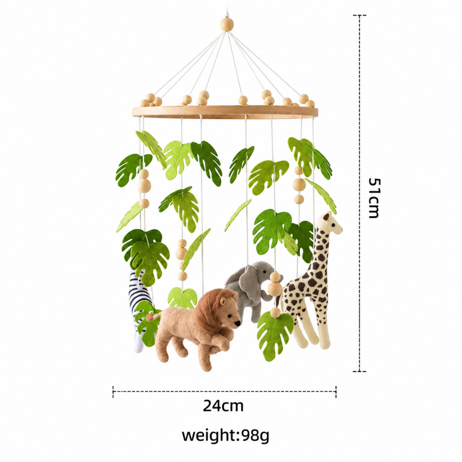 Wooden cot mobile arm bracket with hook, close-up