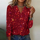 Glitterende Elegante Dames Blouse met V-Hals en Lange Mouwen – Rood