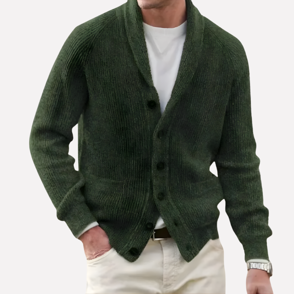 Men's Knit Cardigan with Shawl Collar and Button Pockets
