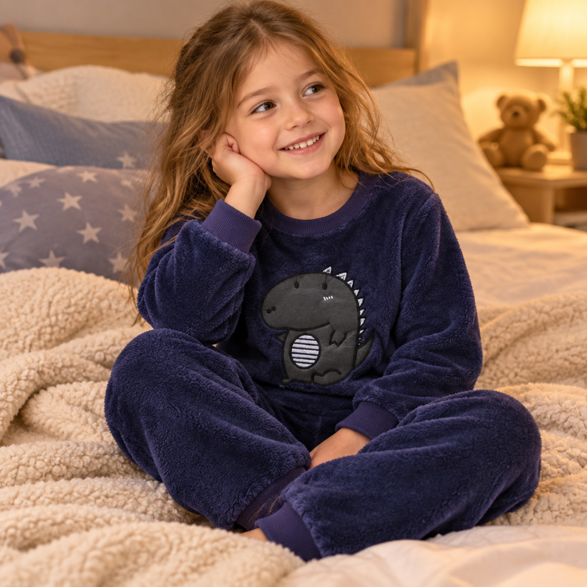Girl wearing blue dinosaur print long sleeve fleece pyjama set at bedtime
