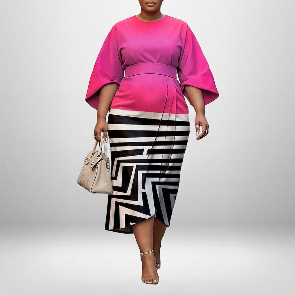 Women's Contrast Midi Dress with Sculpted Waist and Wide Sleeves