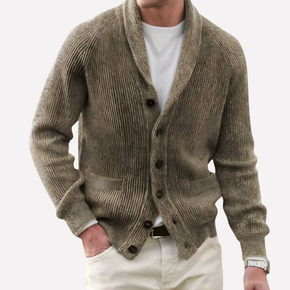 Men's Knit Cardigan with Shawl Collar and Button Pockets