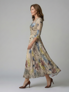 Women's Floral Wrap Midi Dress with Three Quarter Sleeves