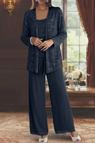 Women's Sequin Lace Three Piece Trouser Suit - Wide Leg Wedding Guest Outfit