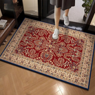 Decorative red and beige patterned rug on a wooden floor with a person stepping onto it.