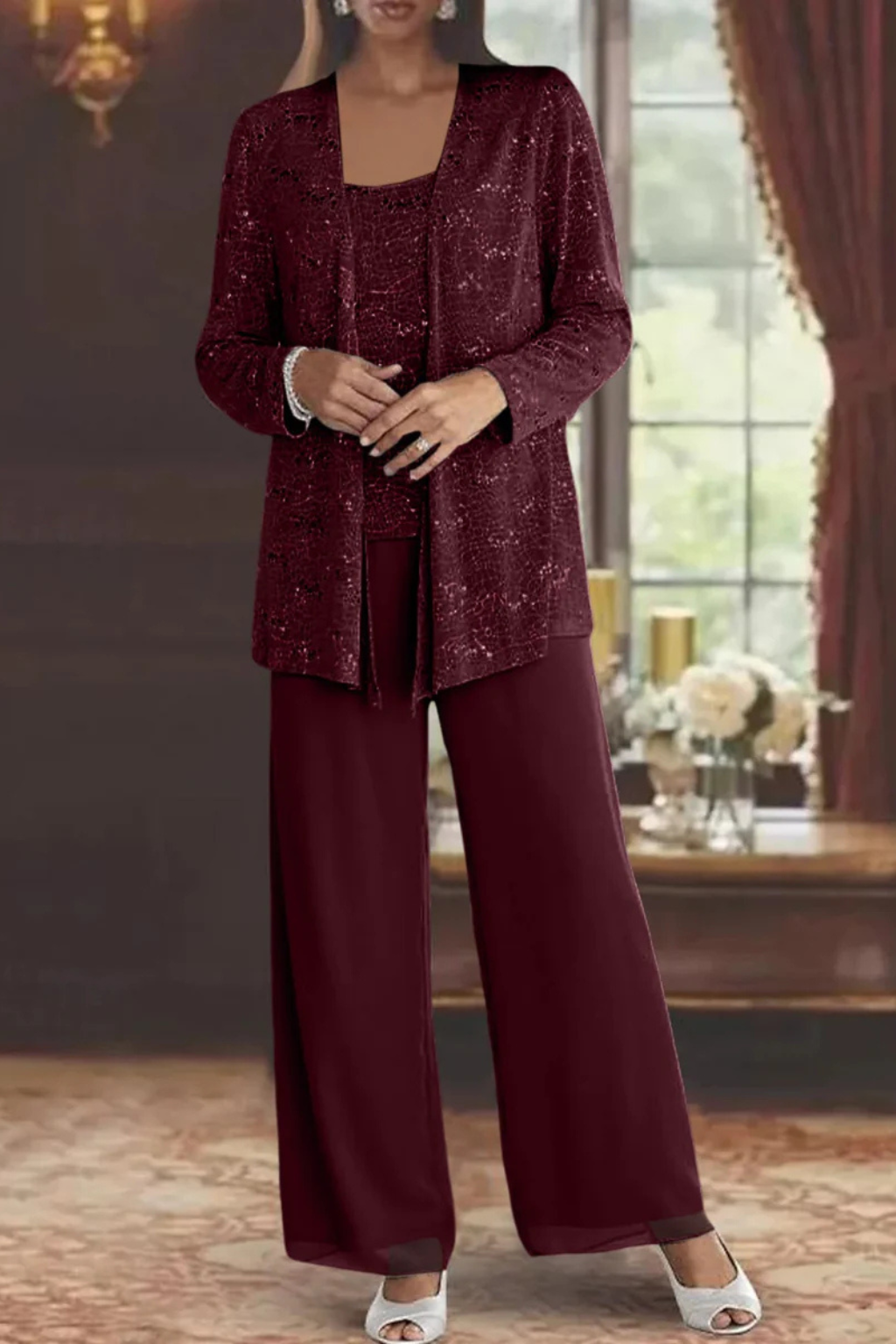 Women's Sequin Lace Three Piece Trouser Suit - Wide Leg Wedding Guest Outfit