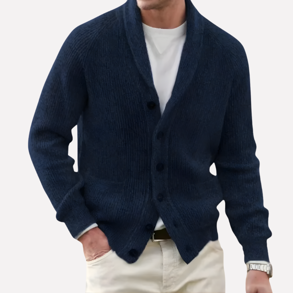 Men's Knit Cardigan with Shawl Collar and Button Pockets