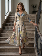 Women's Floral Wrap Midi Dress with Three Quarter Sleeves