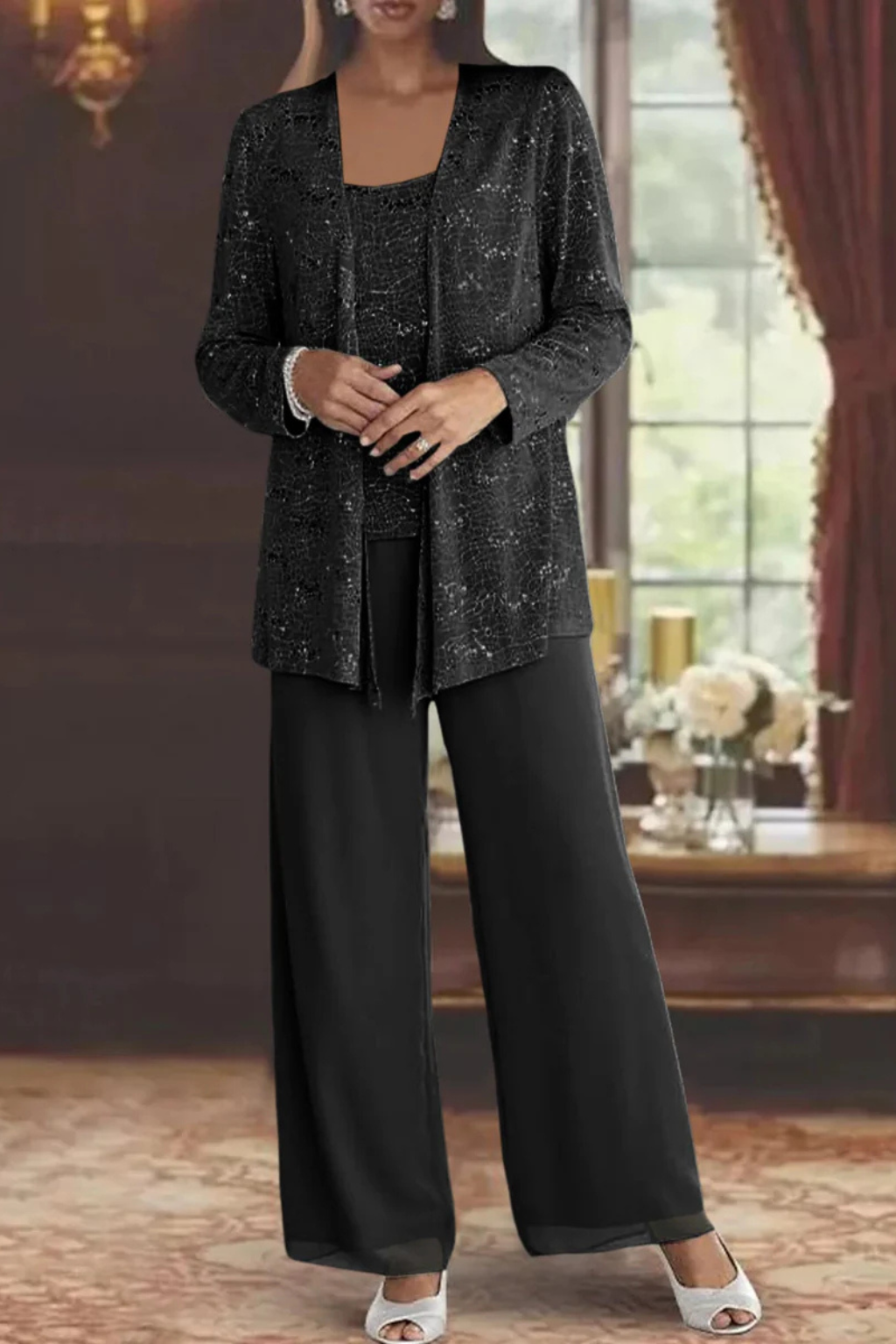 Women's Sequin Lace Three Piece Trouser Suit - Wide Leg Wedding Guest Outfit