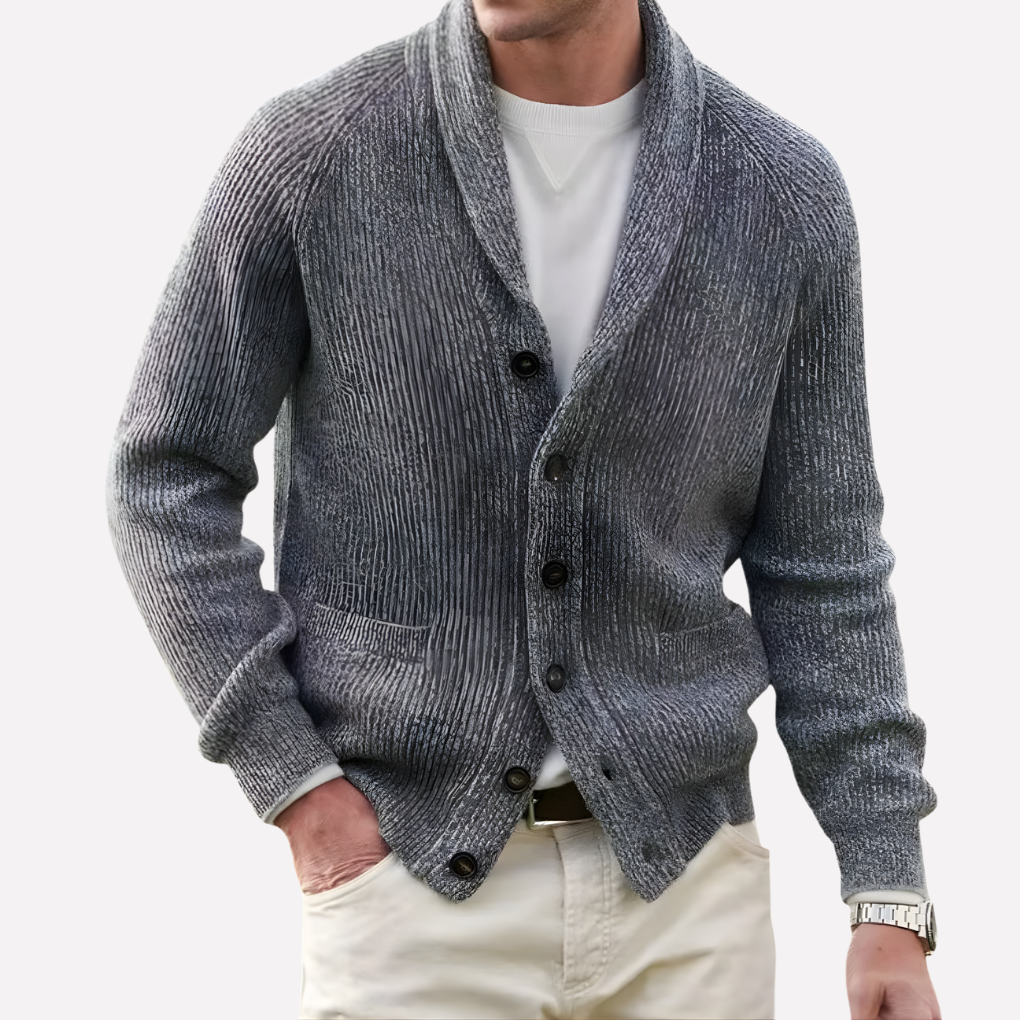 Men's Knit Cardigan with Shawl Collar and Button Pockets