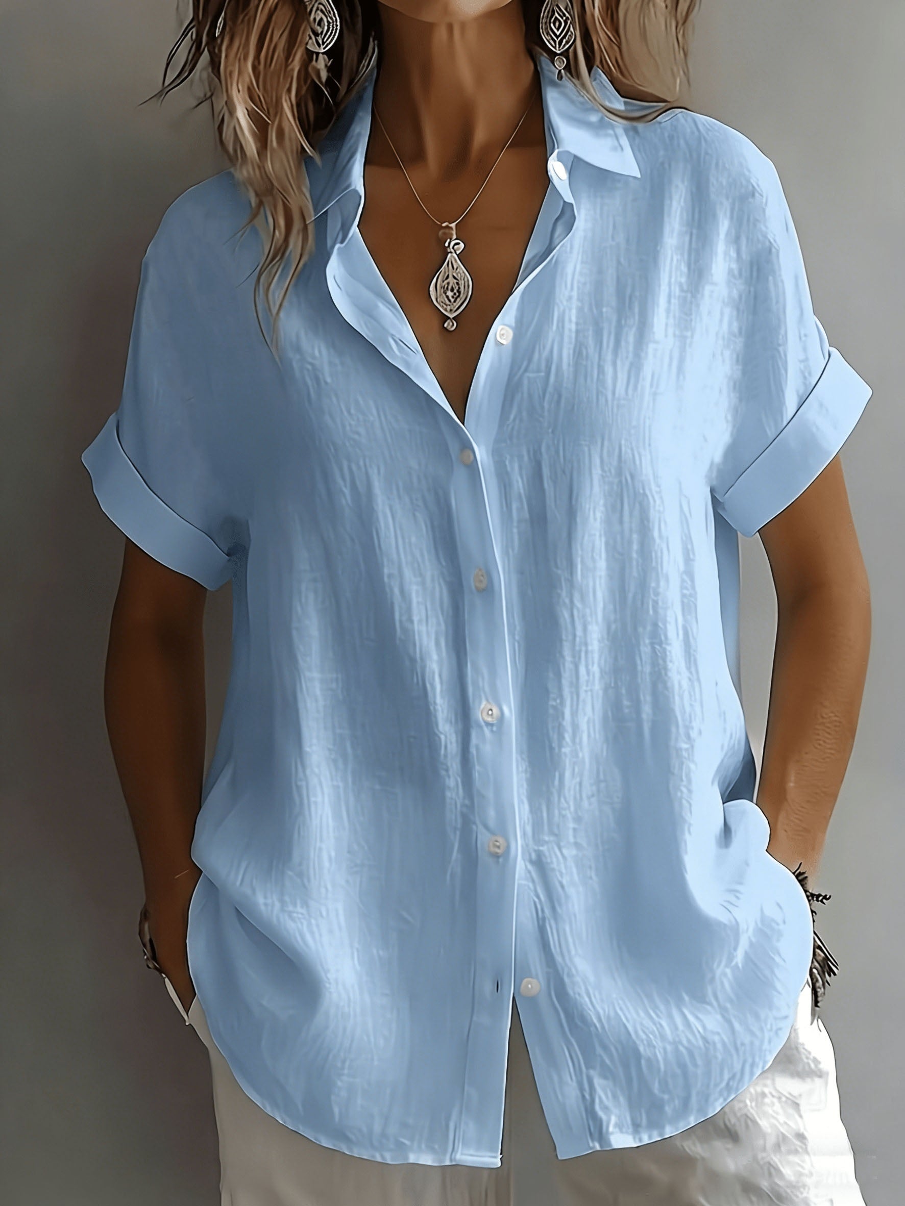 Women's Linen Shirt Short Sleeve Button-Up Collared Top