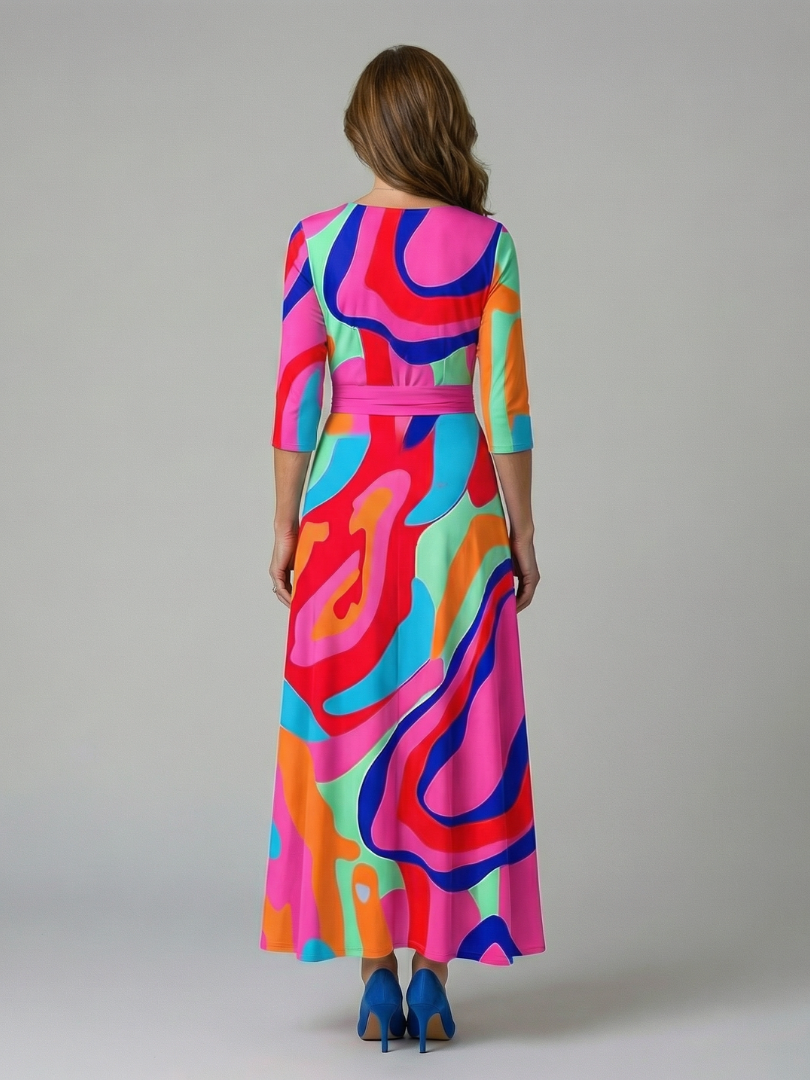 Women's Floral Wrap Midi Dress with Three Quarter Sleeves
