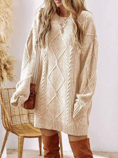 Dames Oversized Gebreide Sweater Jurk – Warm, Effen Beige, Casual Herfstmode