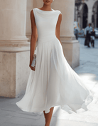 Christine Brewer chiffon draped-neck pleated midi dress for women, featuring a flowy silhouette and elegant design.
