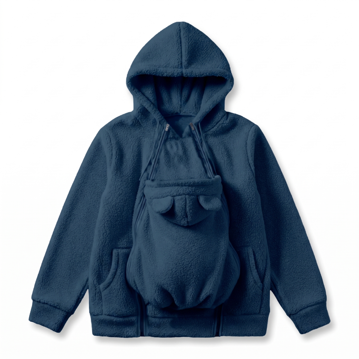Parent wearing the fleece baby carrier hoodie with baby secured in the zip-in kangaroo pouch