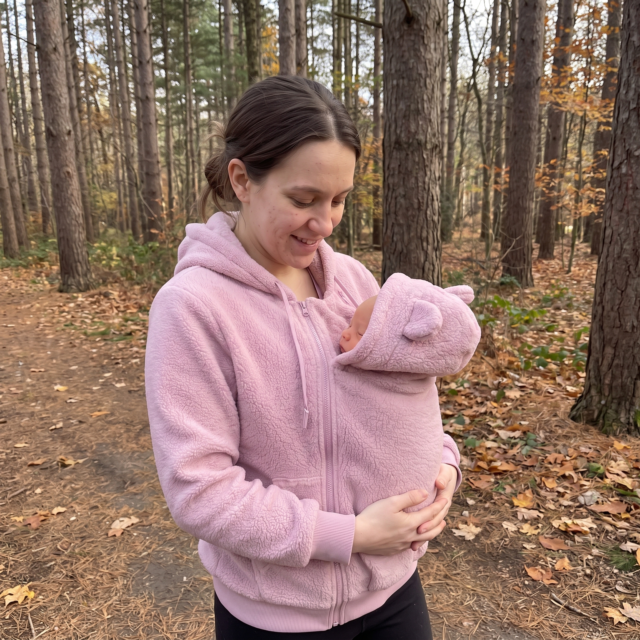 Fleece baby carrier hoodie with the front panel detached for everyday wear