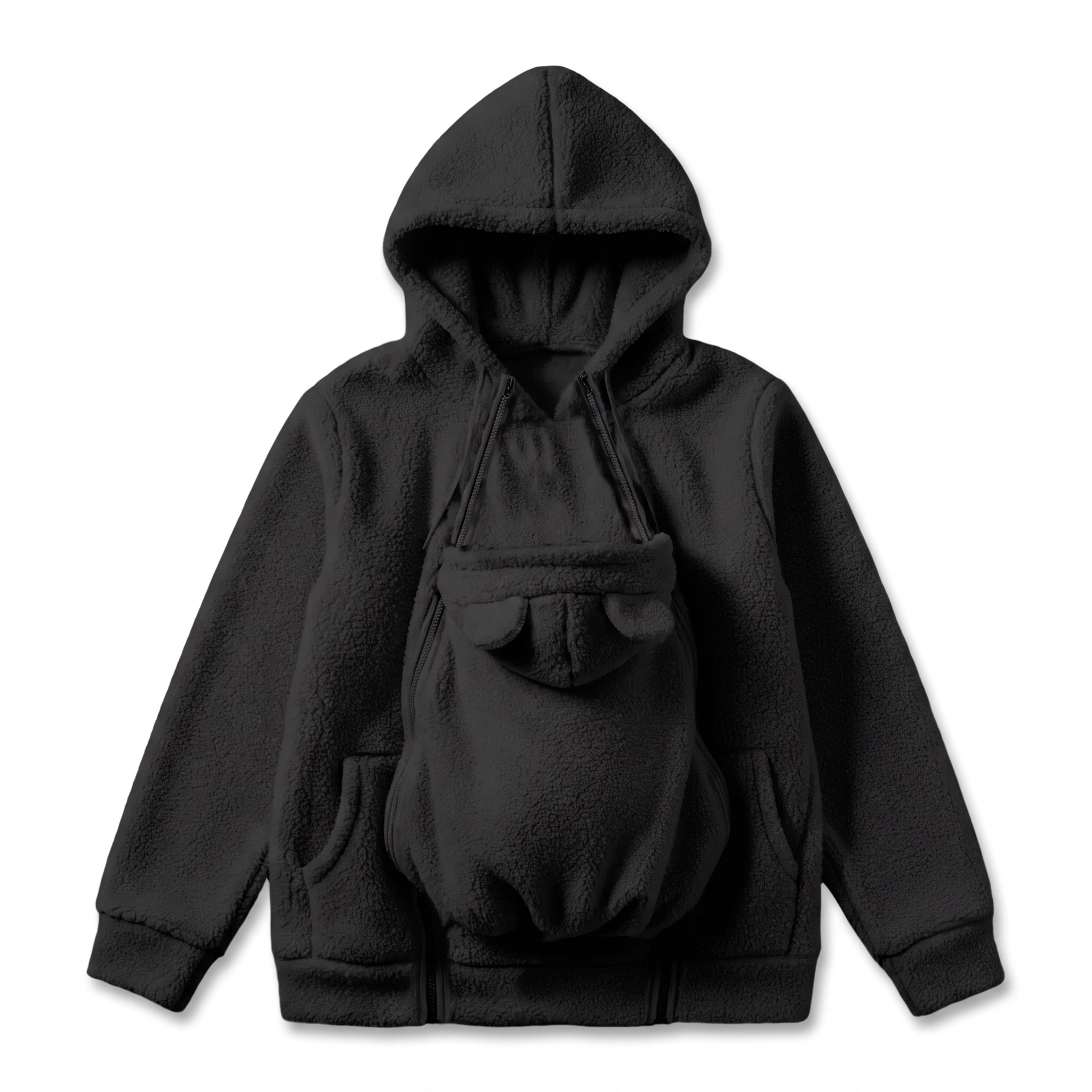 Fleece baby carrier hoodie shown in available colors and sizes