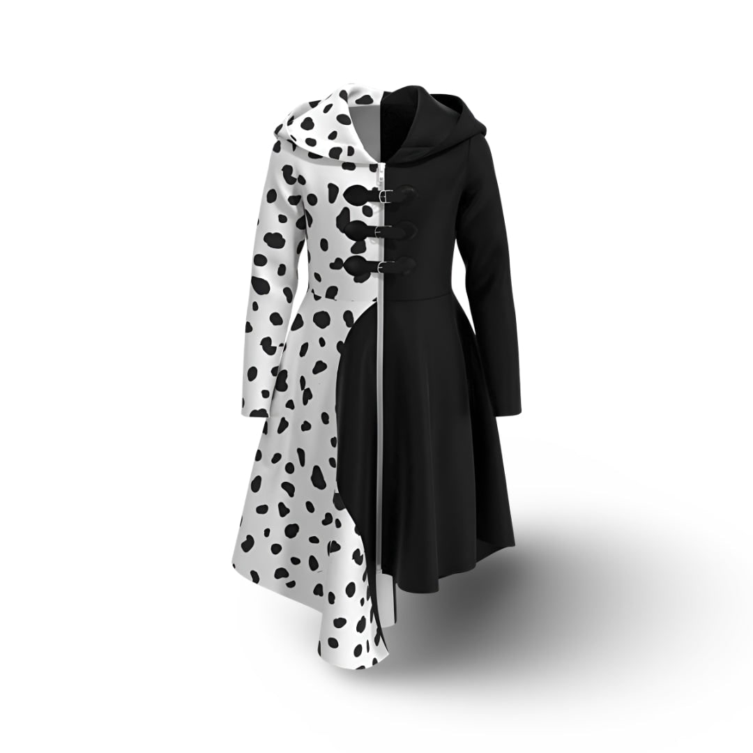 Kids' Halloween Cruella costume dress with dalmatian spots, back view