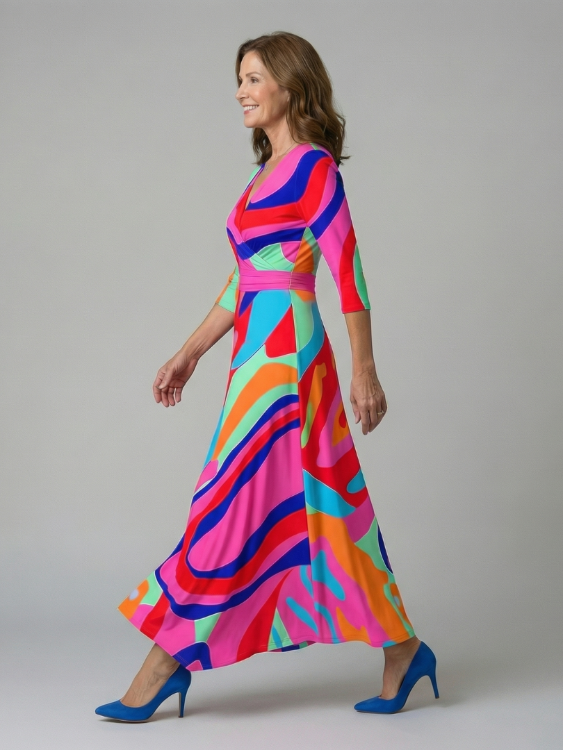 Women's Floral Wrap Midi Dress with Three Quarter Sleeves