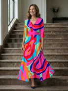 Women's Floral Wrap Midi Dress with Three Quarter Sleeves