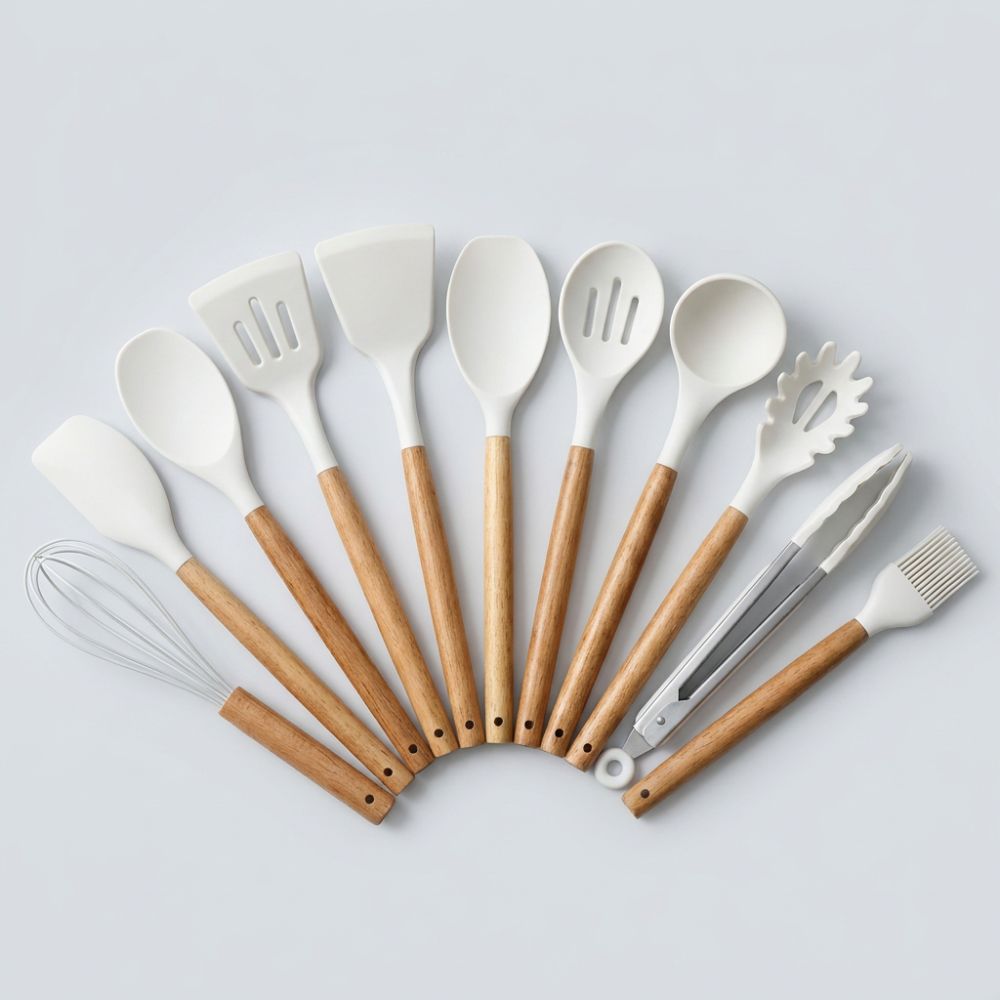 Silicone Kitchen Utensil Set with Wooden Handles – 11 Pieces