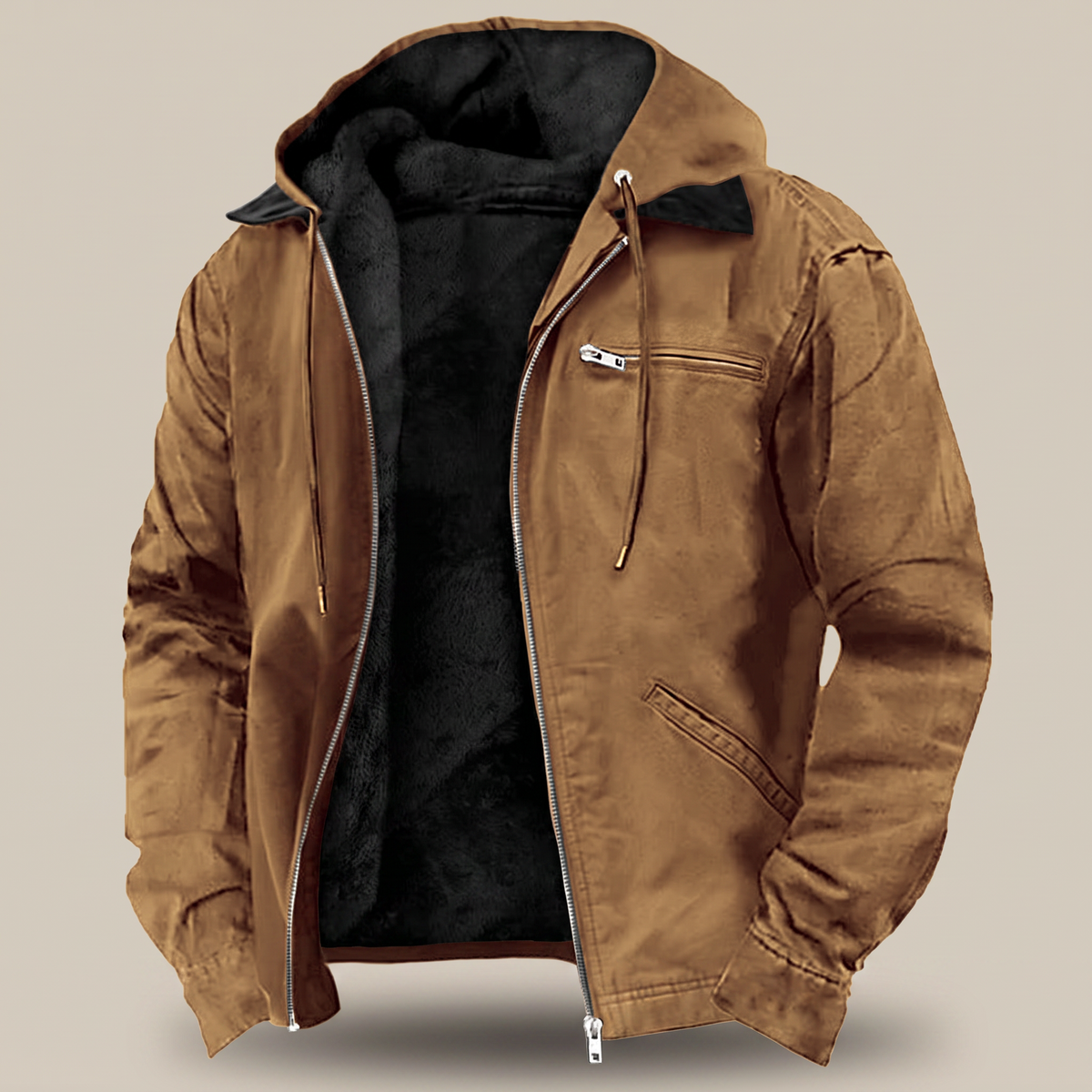 Men's Hooded Jacket Full-Zip Fleece Lined Canvas Coat