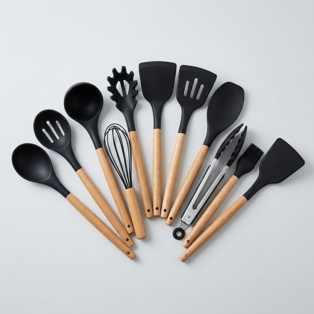 Silicone Kitchen Utensil Set with Wooden Handles – 11 Pieces