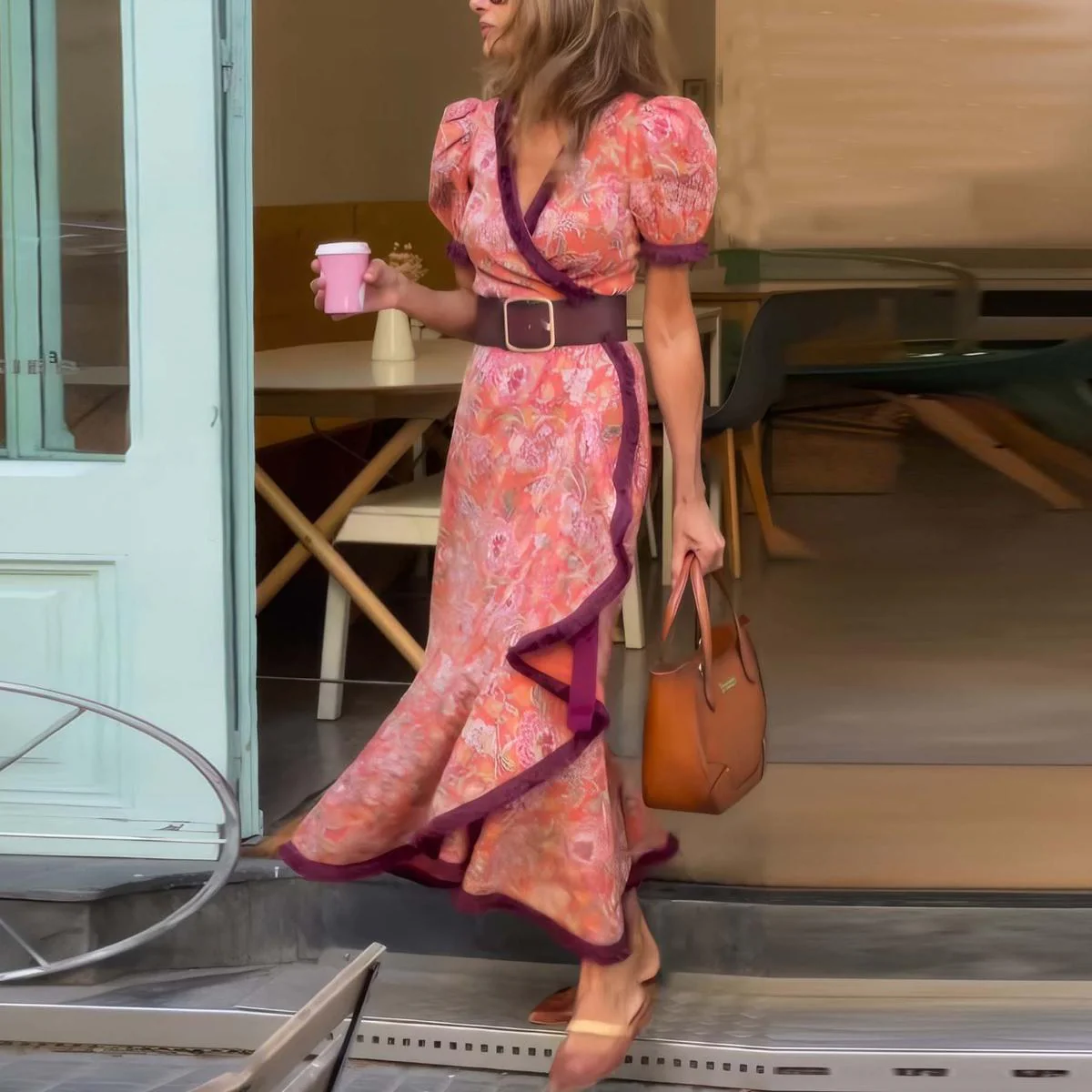Women's Floral Maxi Dress with Tie Waist Belt