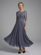 Women's Lace Bodice Midi Dress with Sheer Sleeves