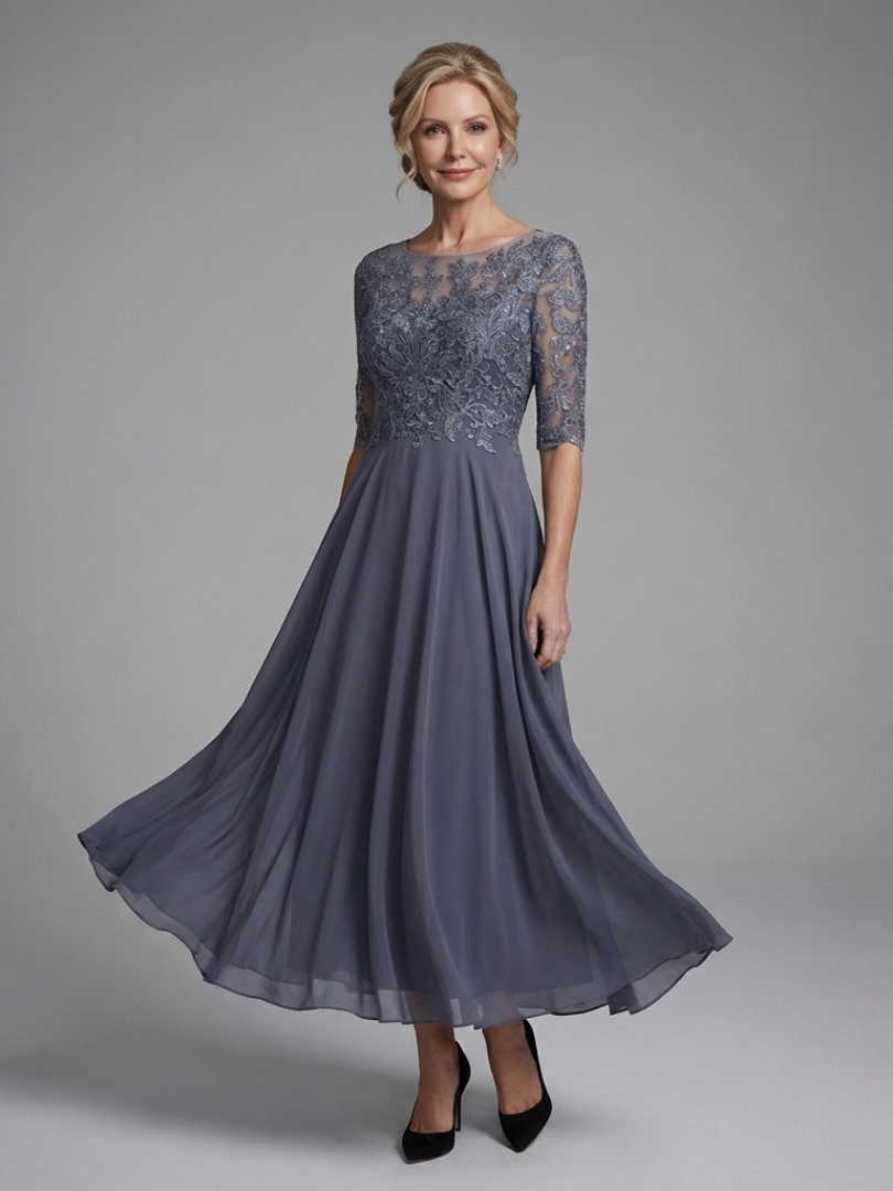 Women's Lace Bodice Midi Dress with Sheer Sleeves