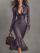 Dusty mauve lace ruched midi dress by Christine Brewer featuring elegant evening dress design with lace details and ruched fabric.