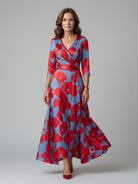 Women's Floral Wrap Midi Dress with Three Quarter Sleeves