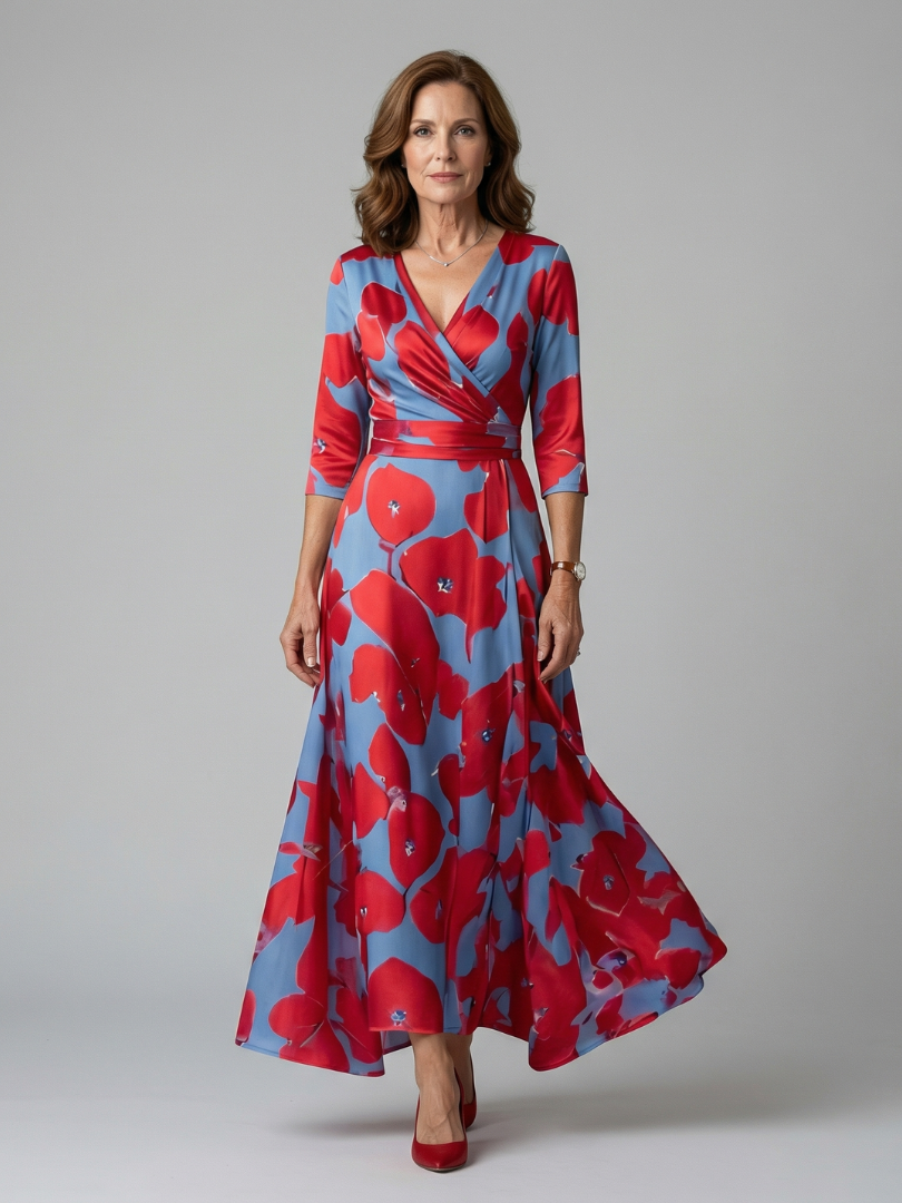 Women's Floral Wrap Midi Dress with Three Quarter Sleeves