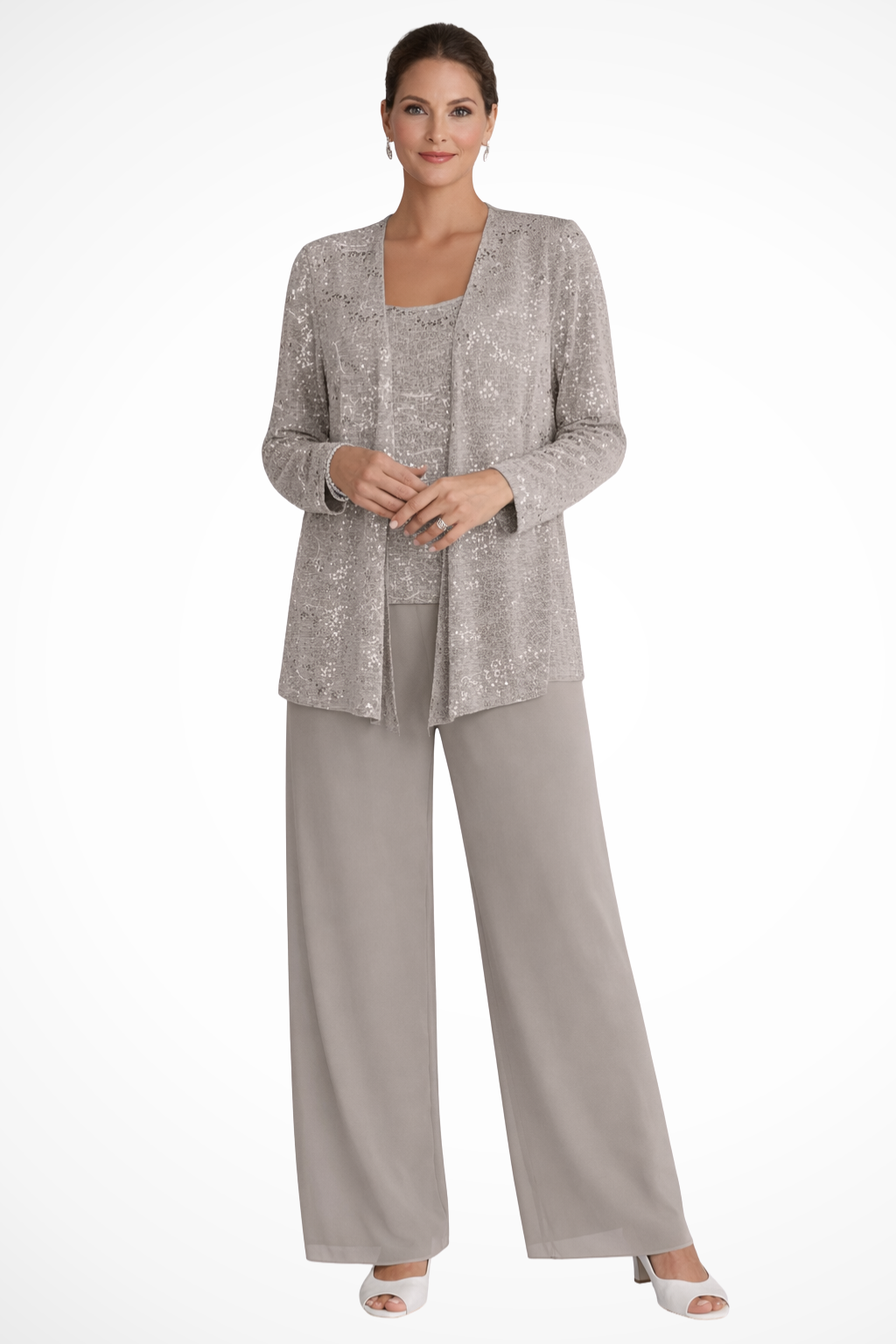 Women's Sequin Lace Three Piece Trouser Suit - Wide Leg Wedding Guest Outfit