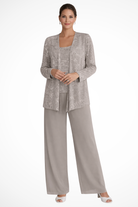 Women's Sequin Lace Three Piece Trouser Suit - Wide Leg Wedding Guest Outfit