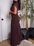 Women's Pleated Bodycon Maxi Dress High Neck Sleeveless
