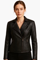 Veste biker en cuir femme, coupe ajustée style rock chic, vue de face