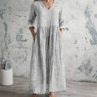 Women's V-Neck Stripe Dress - Breathable Long Sleeve Casual Dress