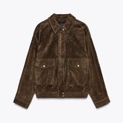 Suede Jacket | Oversized damesjas van suède met vintage look en gestructureerde schouders