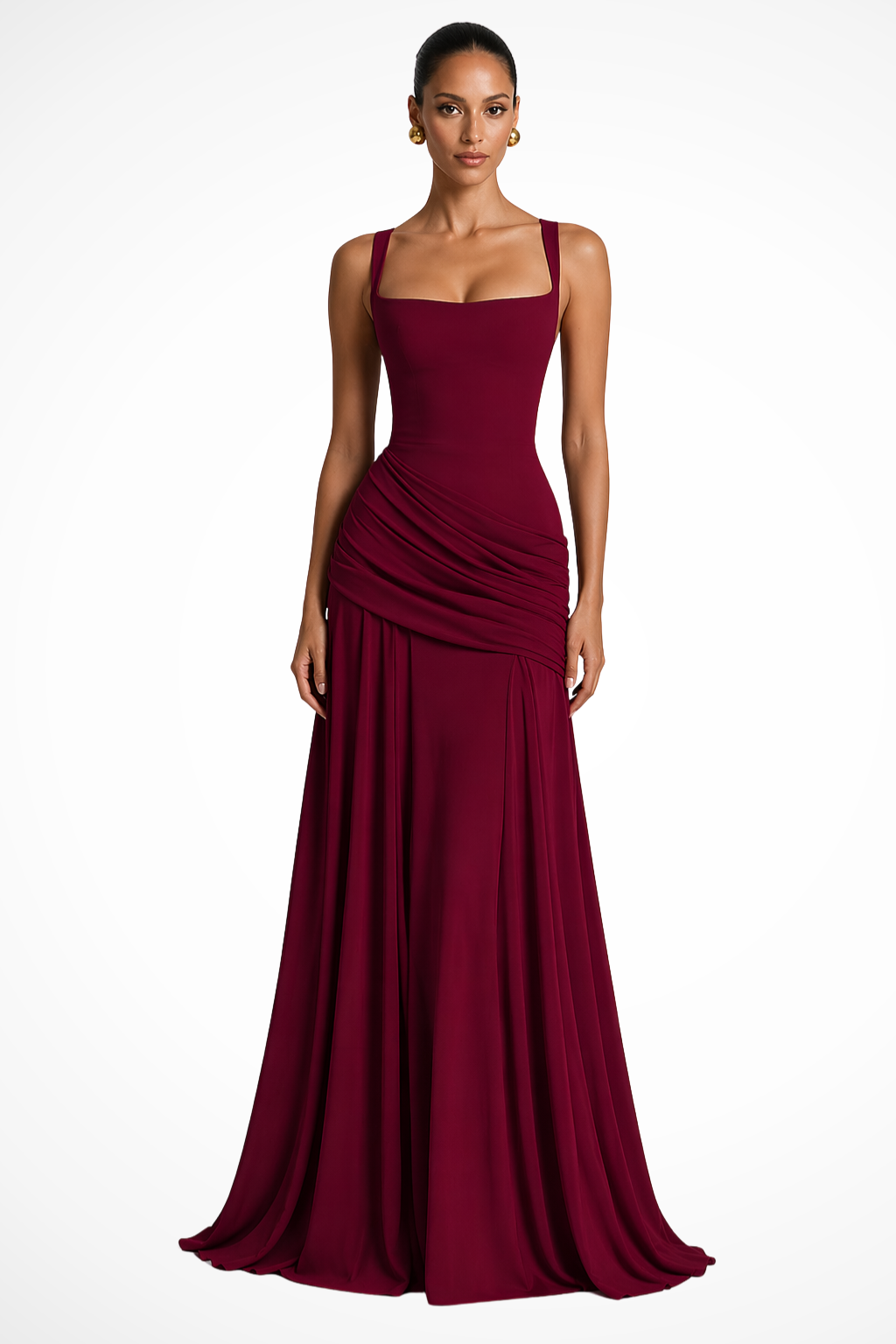 Wedding Guest Dress Square Neck Ruched Maxi Dress with Side Slit