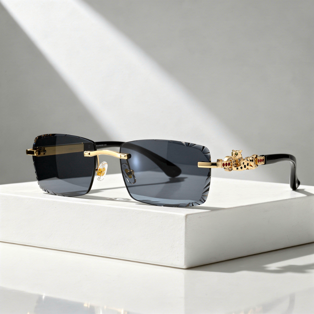 Women's Sunglasses with Rimless Diamond-Cut Lenses and Panther Temple Detail
