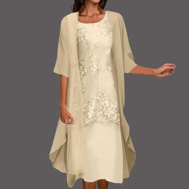 Women's Wedding Guest Lace Midi Dress with Chiffon Cardigan Set