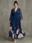 Women's Maxi Dress with Pleated Skirt and Sheer Sleeves