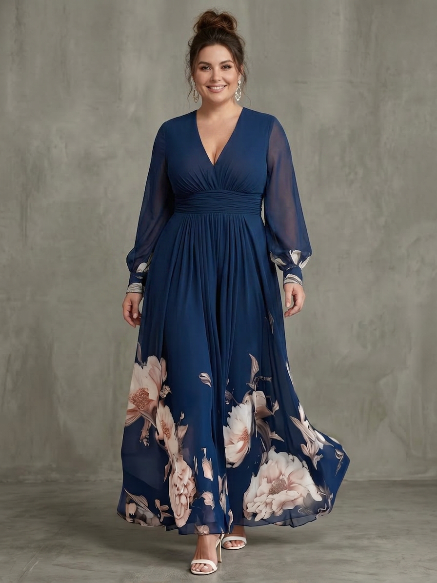 Women's Maxi Dress with Pleated Skirt and Sheer Sleeves