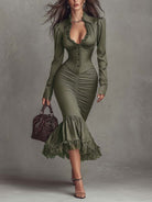 Dusty mauve lace ruched midi dress by Christine Brewer, featuring elegant evening dress design with intricate lace details.