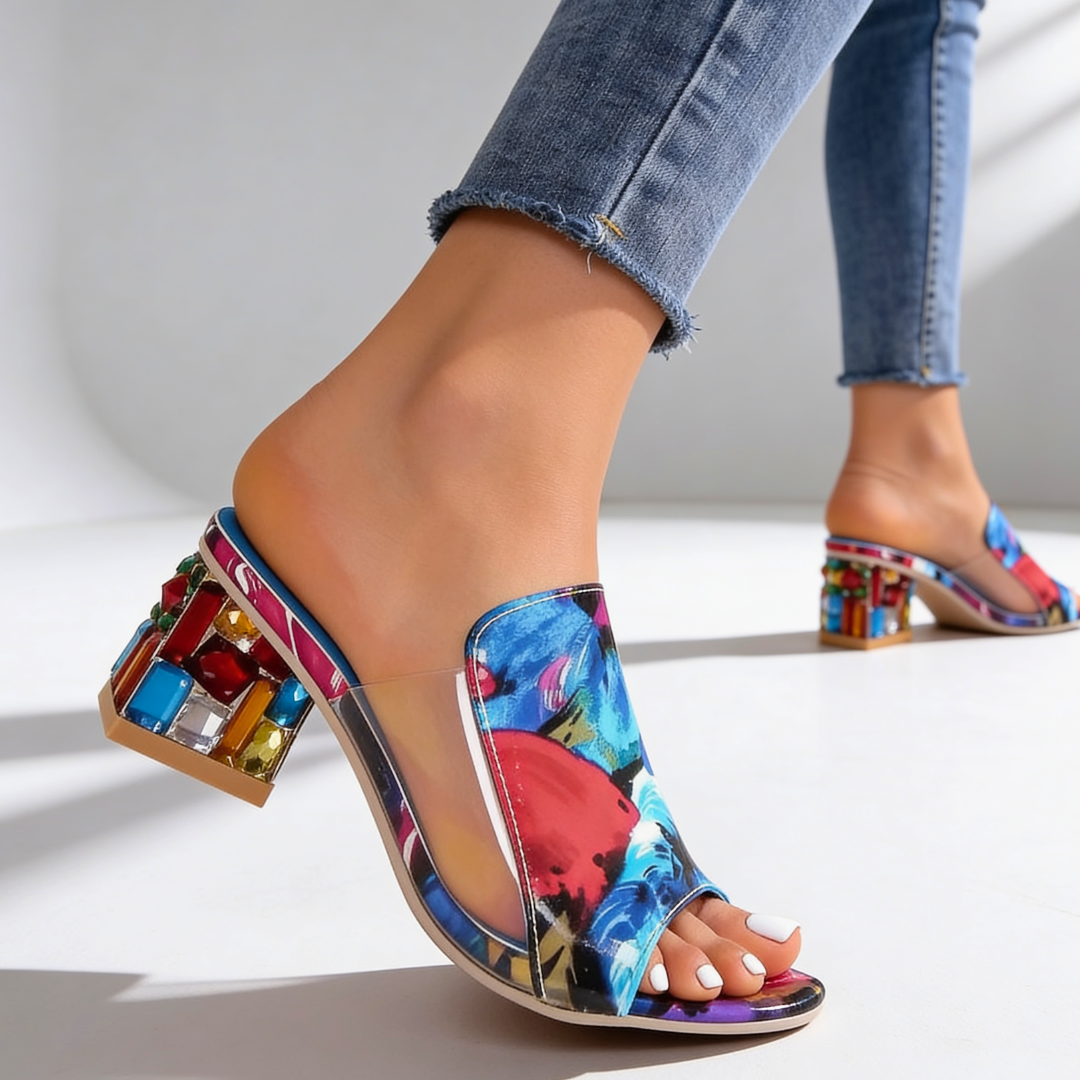 Women's Rhinestone Heel Slides with Jeweled Block Heel
