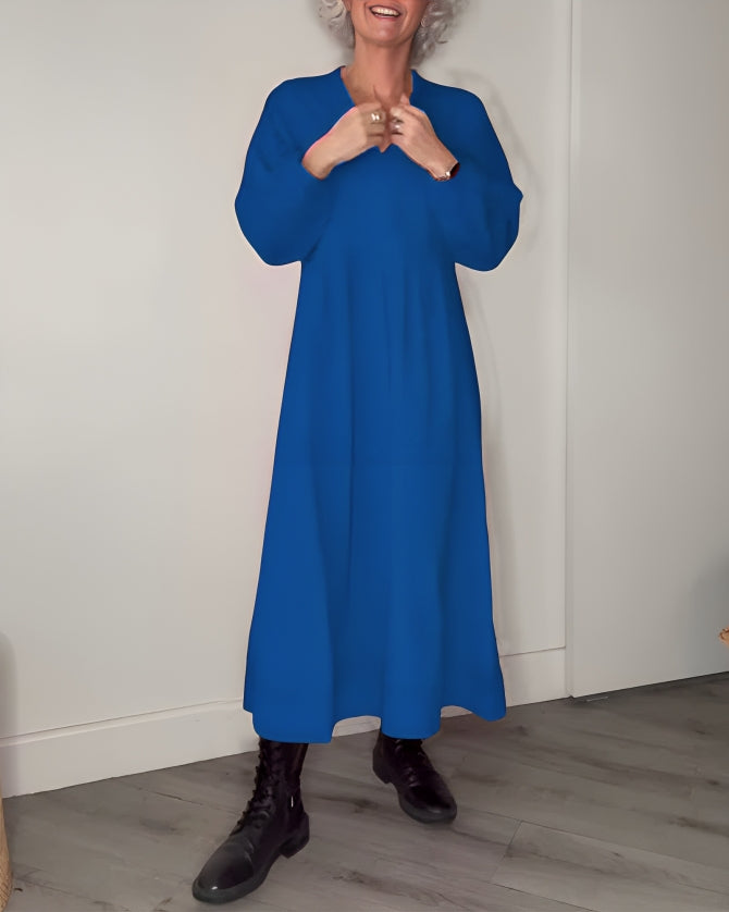Women's Long V-Neck Maxi Dress with Long Sleeves