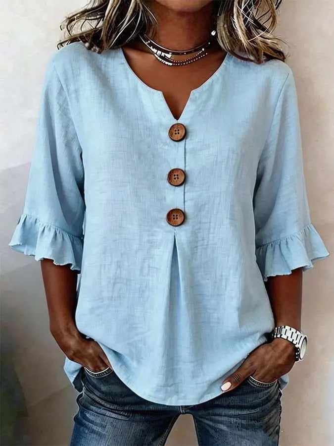 Women's Ruffle Sleeve Blouse with Button-Front Detail